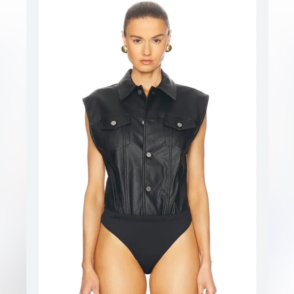 Ronny Kobo Carlyle Faux Leather Bodysuit in Jet Black